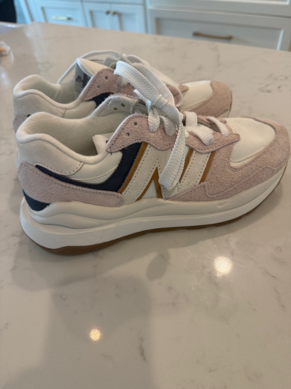 Women’s New Balance, White & Navy Suede-Trim Sneakers